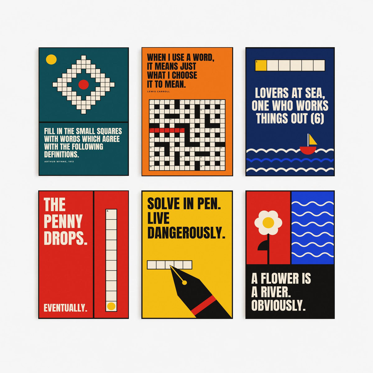 Set of Six Cryptic Crossword Quote Art Prints - 6 Bauhaus Puzzle Posters - Minimalist Word Illustration - Grid, Clue, Pen