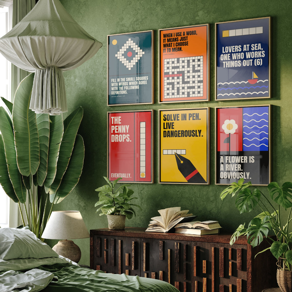 Set of Six Cryptic Crossword Quote Art Prints - 6 Bauhaus Puzzle Posters - Minimalist Word Illustration - Grid, Clue, Pen
