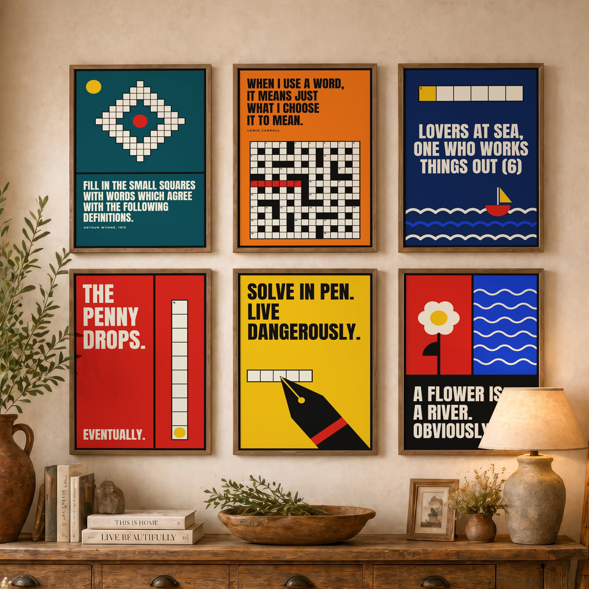 Set of Six Cryptic Crossword Quote Art Prints - 6 Bauhaus Puzzle Posters - Minimalist Word Illustration - Grid, Clue, Pen