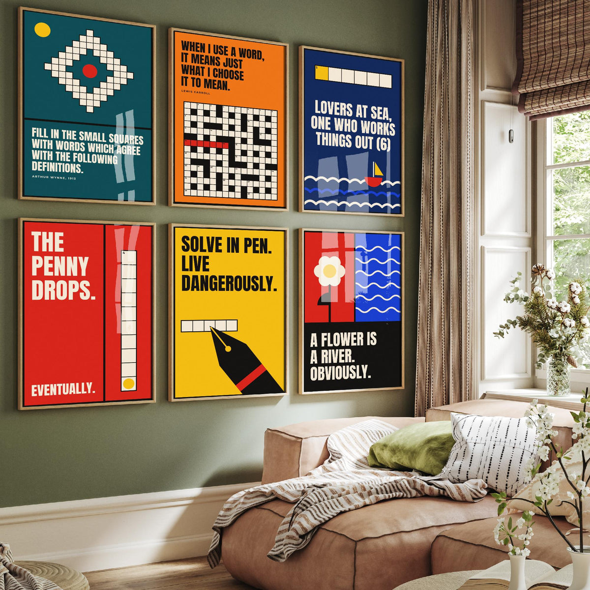 Set of Six Cryptic Crossword Quote Art Prints - 6 Bauhaus Puzzle Posters - Minimalist Word Illustration - Grid, Clue, Pen