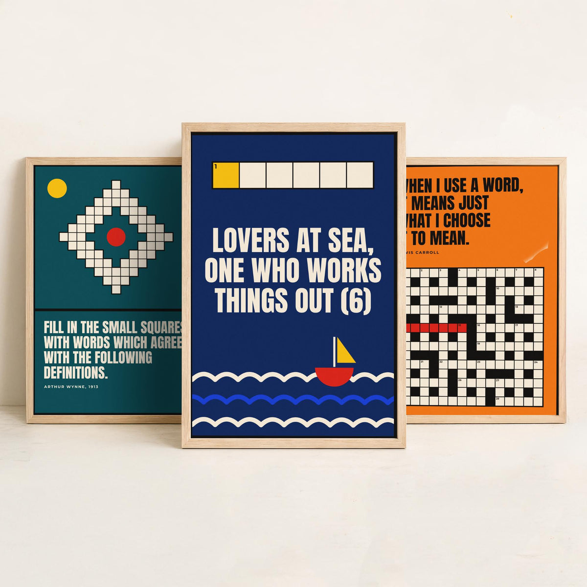 Cryptic Crossword Quotes Set of Three Art Prints - 3 Bauhaus Puzzle Posters - Minimalist Word Wall Art Illustration V1