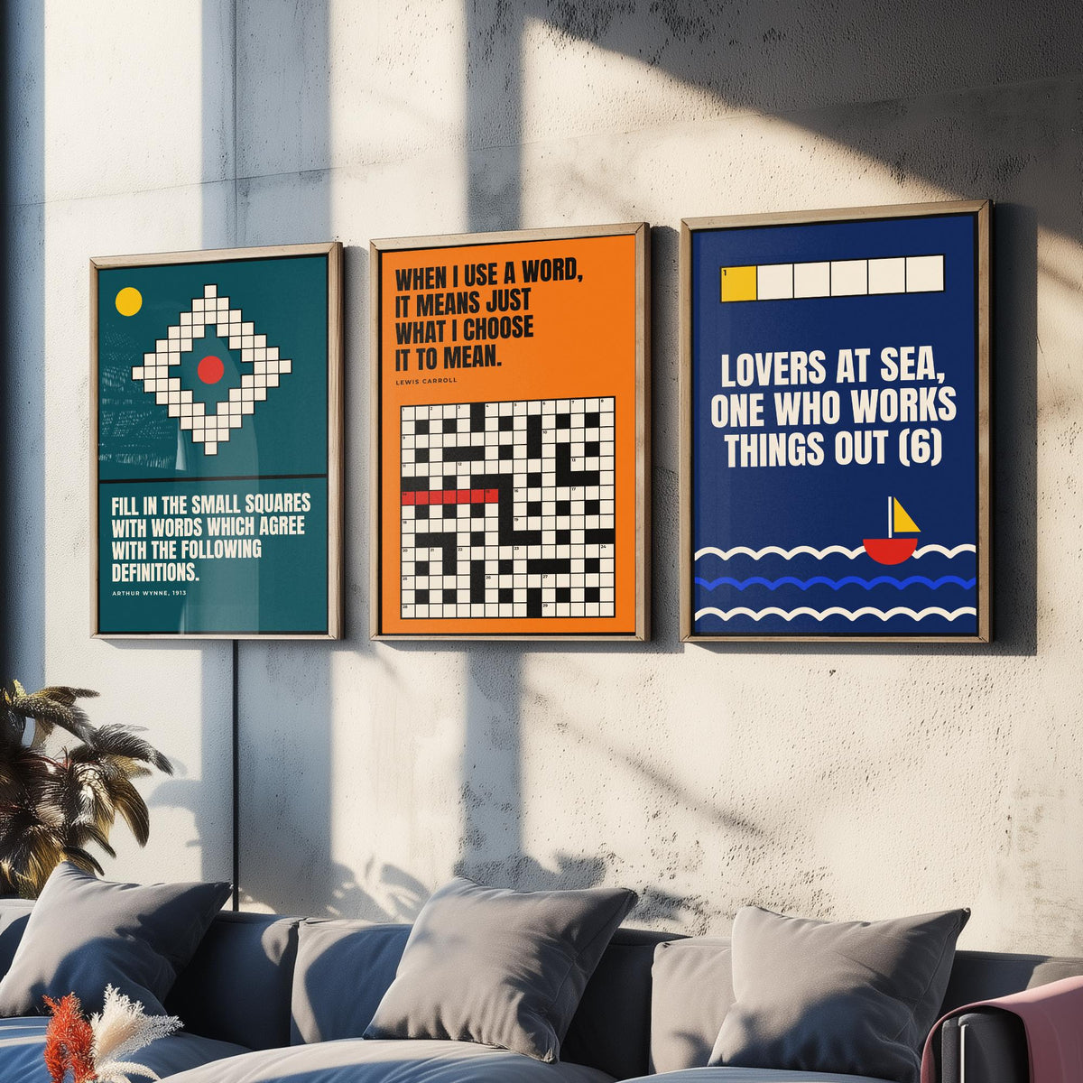 Cryptic Crossword Quotes Set of Three Art Prints - 3 Bauhaus Puzzle Posters - Minimalist Word Wall Art Illustration V1