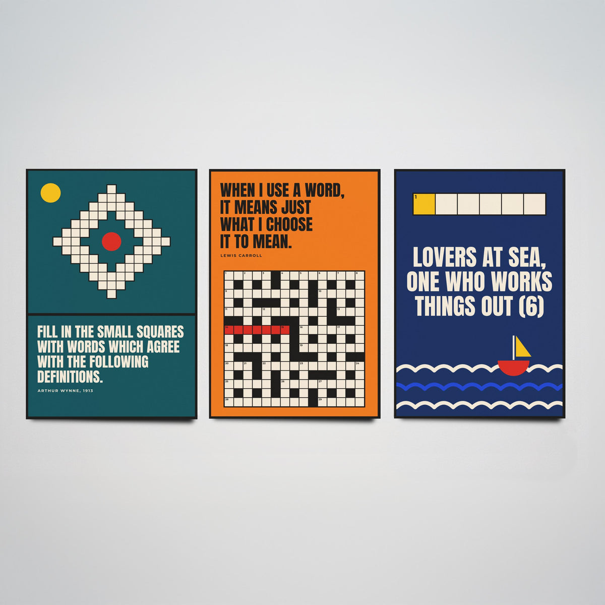 Cryptic Crossword Quotes Set of Three Art Prints - 3 Bauhaus Puzzle Posters - Minimalist Word Wall Art Illustration V1