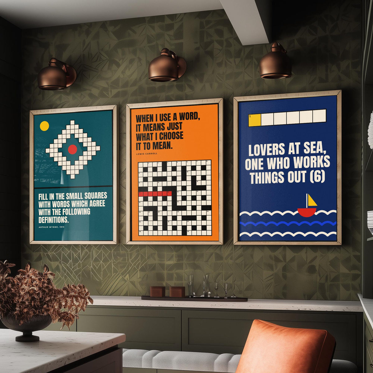 Cryptic Crossword Quotes Set of Three Art Prints - 3 Bauhaus Puzzle Posters - Minimalist Word Wall Art Illustration V1