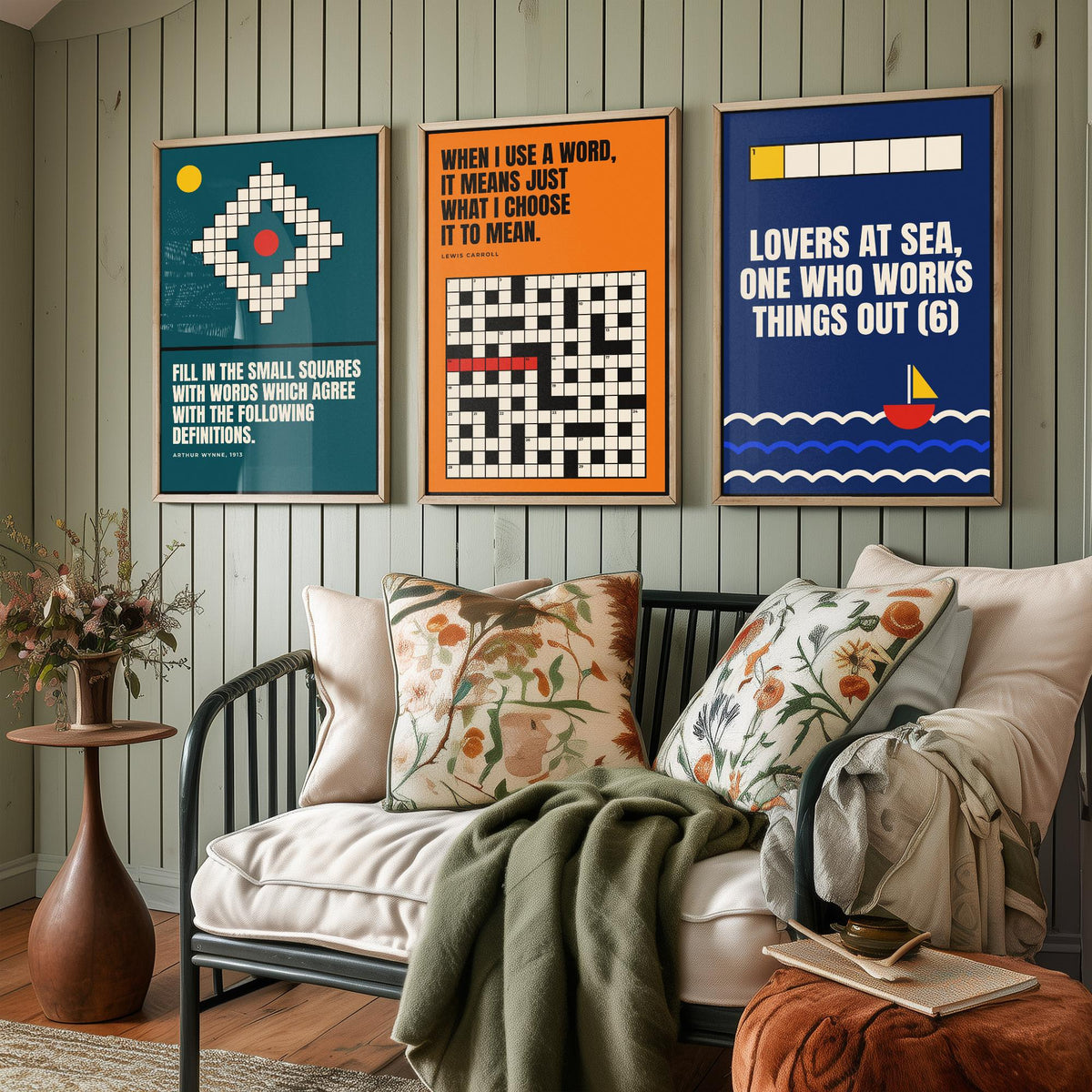 Cryptic Crossword Quotes Set of Three Art Prints - 3 Bauhaus Puzzle Posters - Minimalist Word Wall Art Illustration V1