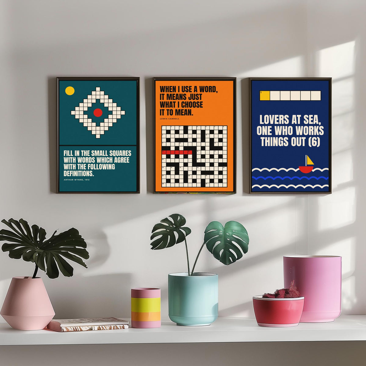 Cryptic Crossword Quotes Set of Three Art Prints - 3 Bauhaus Puzzle Posters - Minimalist Word Wall Art Illustration V1