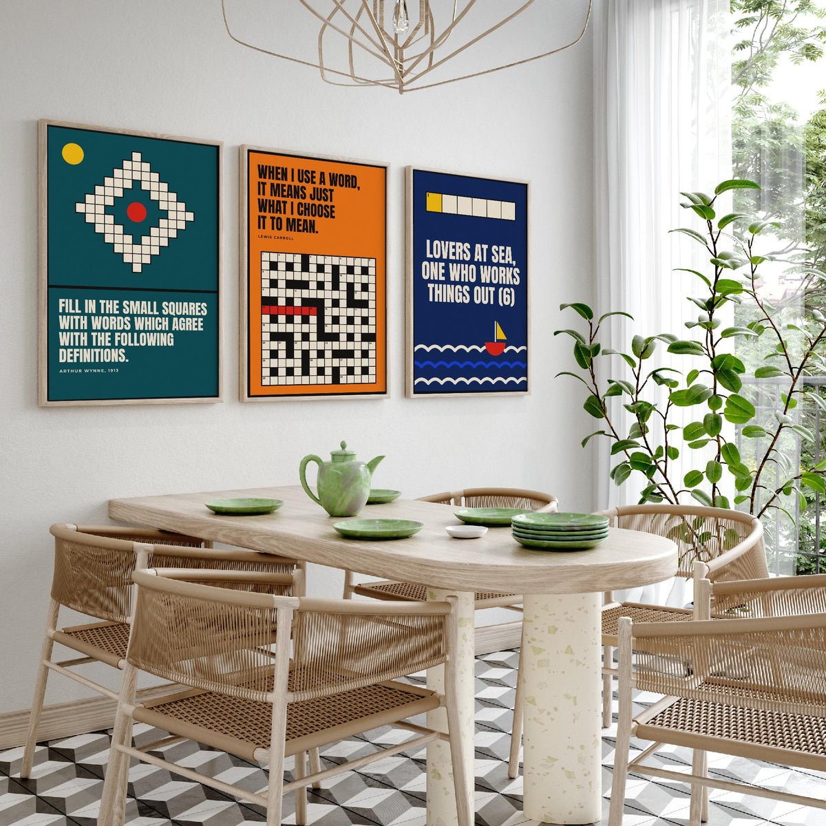 Cryptic Crossword Quotes Set of Three Art Prints - 3 Bauhaus Puzzle Posters - Minimalist Word Wall Art Illustration V1