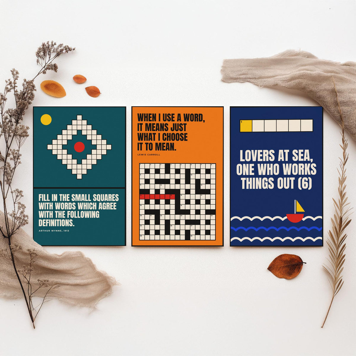 Cryptic Crossword Quotes Set of Three Art Prints - 3 Bauhaus Puzzle Posters - Minimalist Word Wall Art Illustration V1