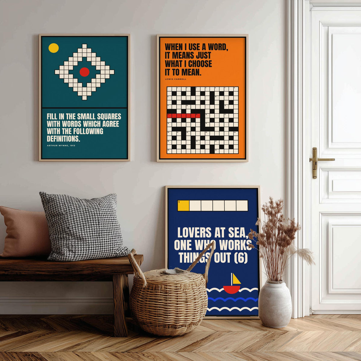 Cryptic Crossword Quotes Set of Three Art Prints - 3 Bauhaus Puzzle Posters - Minimalist Word Wall Art Illustration V1