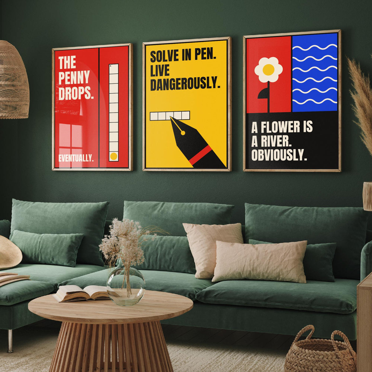 Cryptic Crossword Quotes Set of Three Art Prints - 3 Retro Bauhaus Puzzle Posters - Minimalist Word Wall Art Illustration V2