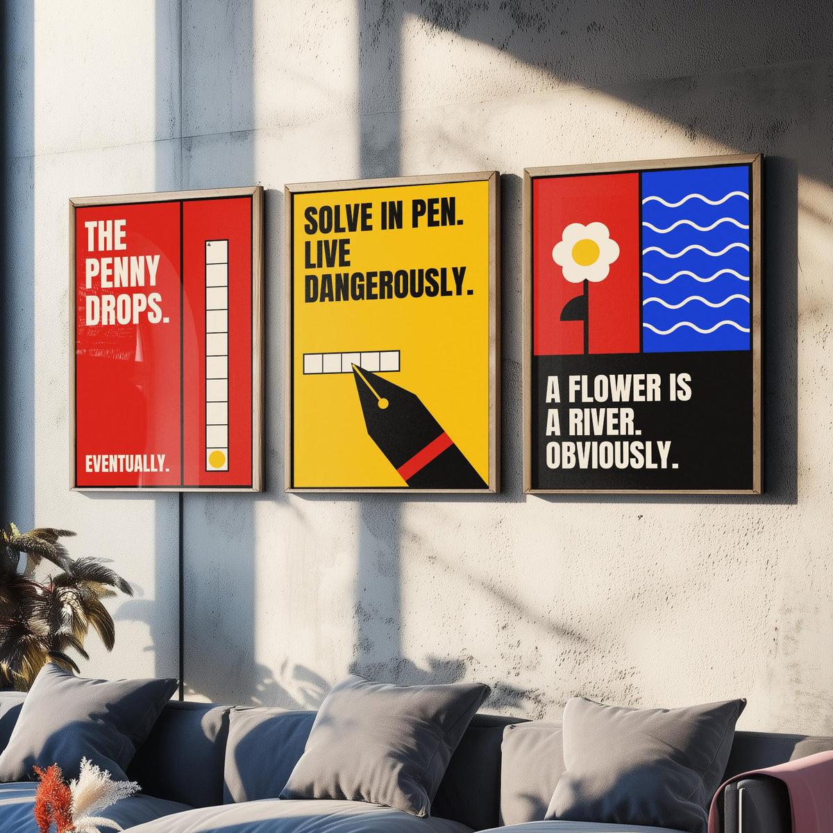 Cryptic Crossword Quotes Set of Three Art Prints - 3 Retro Bauhaus Puzzle Posters - Minimalist Word Wall Art Illustration V2