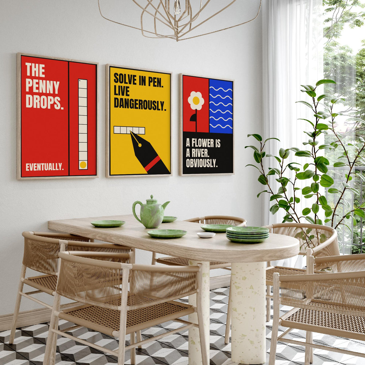 Cryptic Crossword Quotes Set of Three Art Prints - 3 Retro Bauhaus Puzzle Posters - Minimalist Word Wall Art Illustration V2