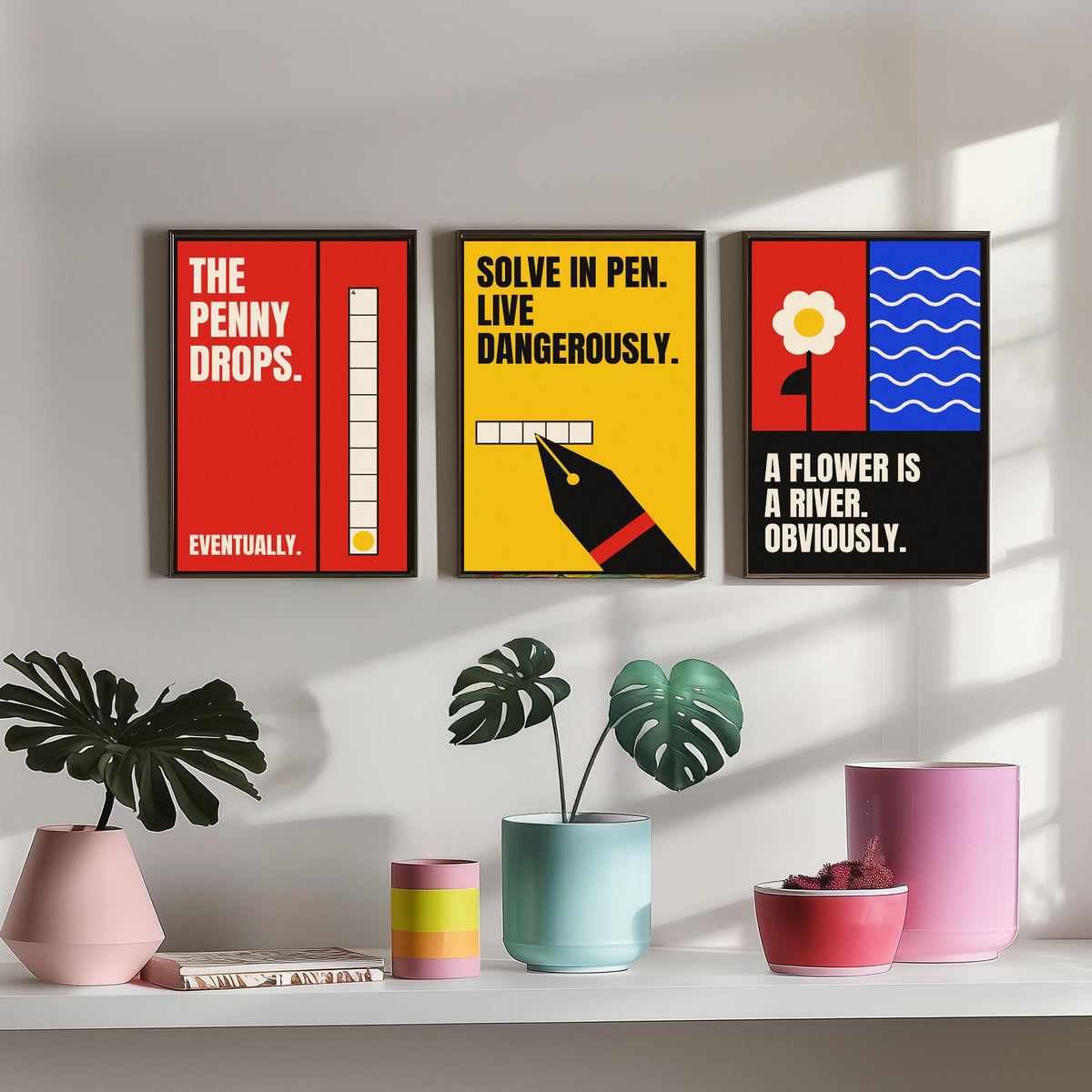 Cryptic Crossword Quotes Set of Three Art Prints - 3 Retro Bauhaus Puzzle Posters - Minimalist Word Wall Art Illustration V2