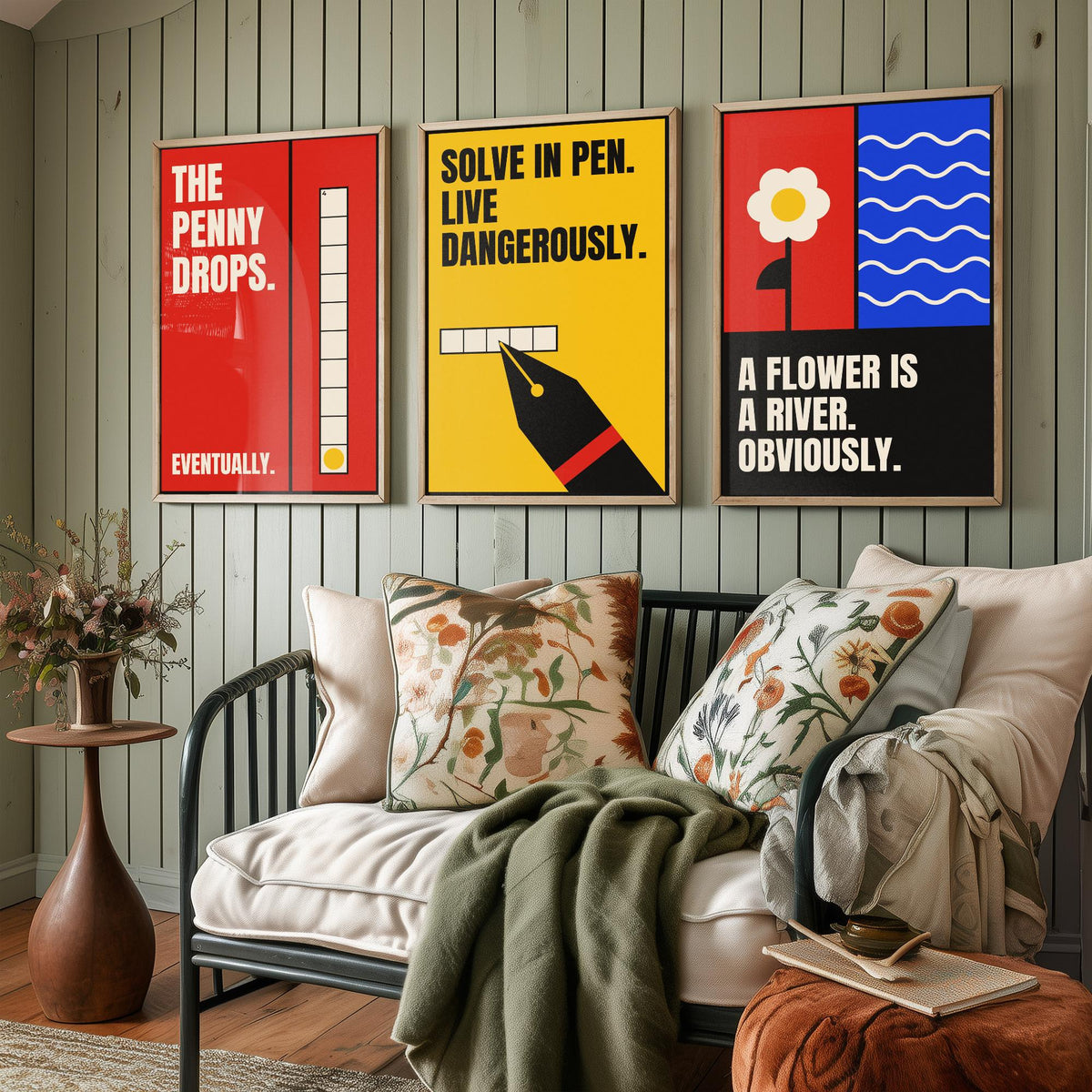 Cryptic Crossword Quotes Set of Three Art Prints - 3 Retro Bauhaus Puzzle Posters - Minimalist Word Wall Art Illustration V2
