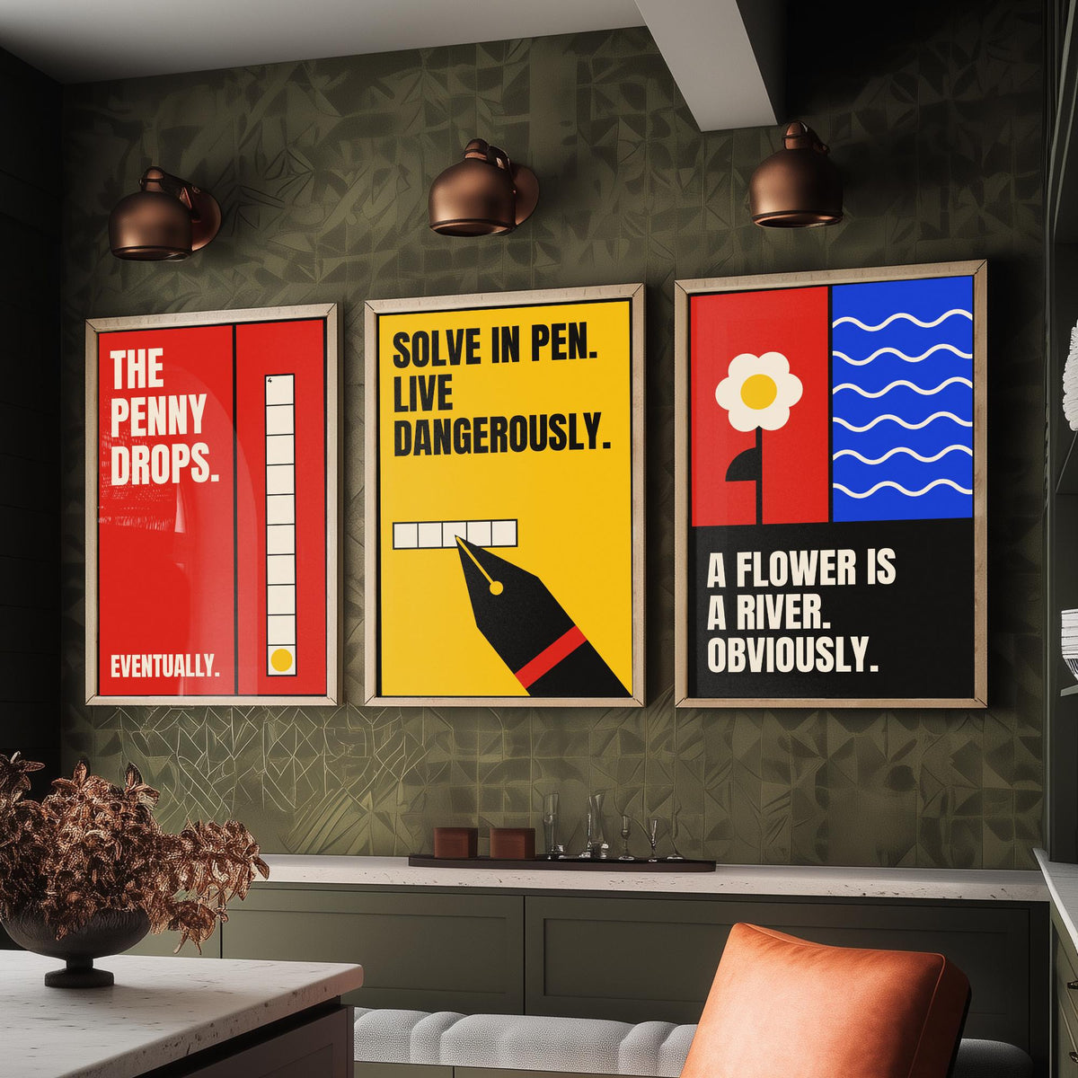 Cryptic Crossword Quotes Set of Three Art Prints - 3 Retro Bauhaus Puzzle Posters - Minimalist Word Wall Art Illustration V2