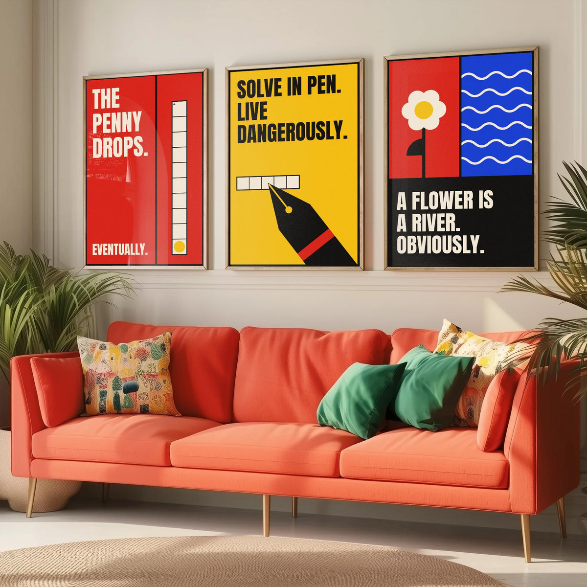 Cryptic Crossword Quotes Set of Three Art Prints - 3 Retro Bauhaus Puzzle Posters - Minimalist Word Wall Art Illustration V2
