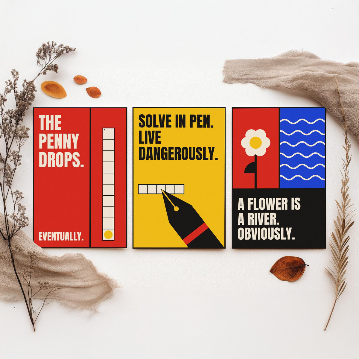 Cryptic Crossword Quotes Set of Three Art Prints - 3 Retro Bauhaus Puzzle Posters - Minimalist Word Wall Art Illustration V2