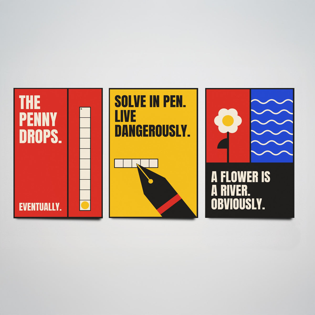Cryptic Crossword Quotes Set of Three Art Prints - 3 Retro Bauhaus Puzzle Posters - Minimalist Word Wall Art Illustration V2
