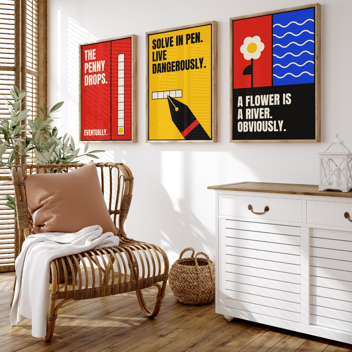 Cryptic Crossword Quotes Set of Three Art Prints - 3 Retro Bauhaus Puzzle Posters - Minimalist Word Wall Art Illustration V2