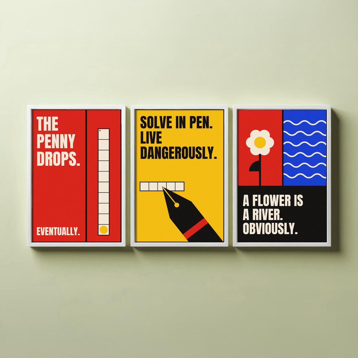Cryptic Crossword Quotes Set of Three Art Prints - 3 Retro Bauhaus Puzzle Posters - Minimalist Word Wall Art Illustration V2
