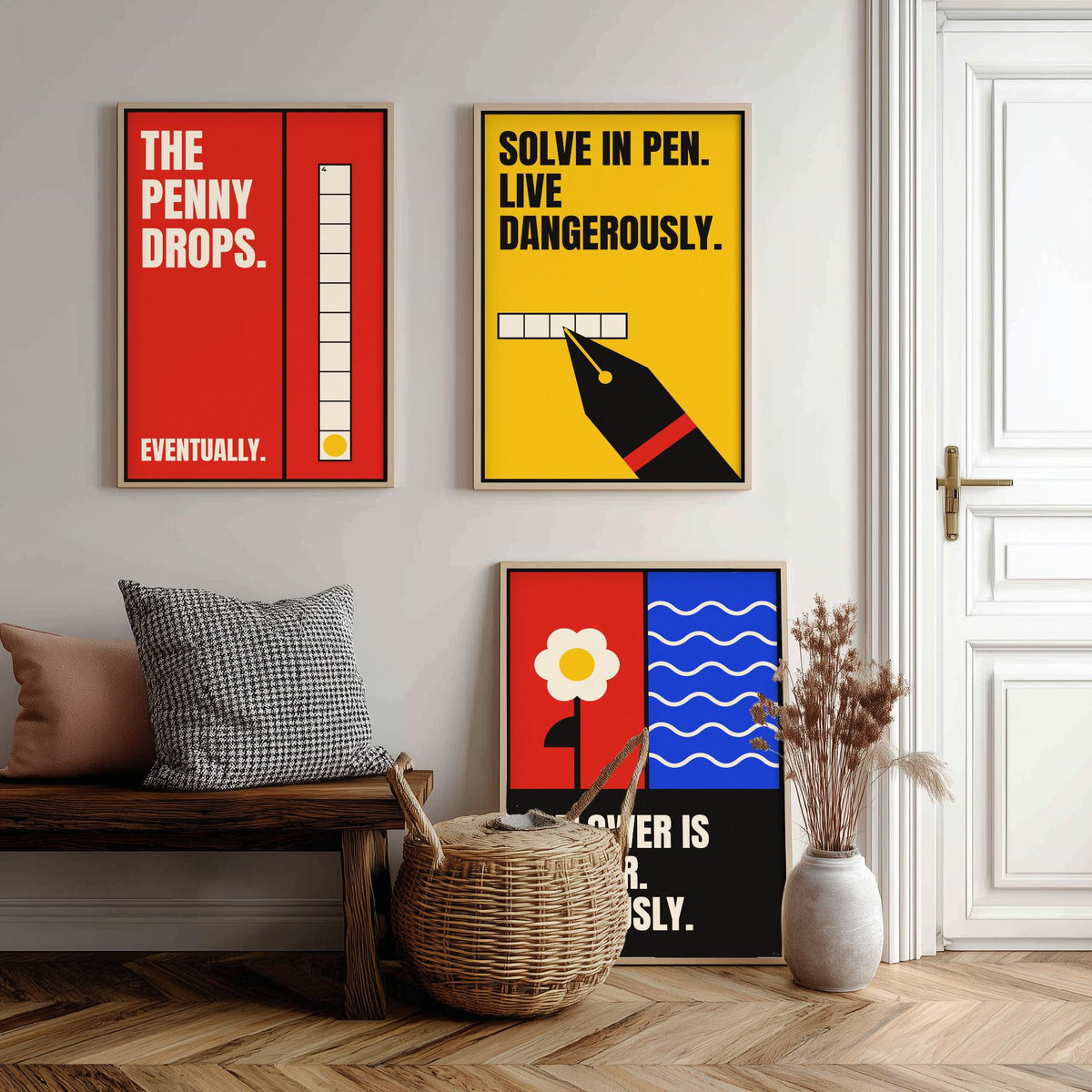 Cryptic Crossword Quotes Set of Three Art Prints - 3 Retro Bauhaus Puzzle Posters - Minimalist Word Wall Art Illustration V2
