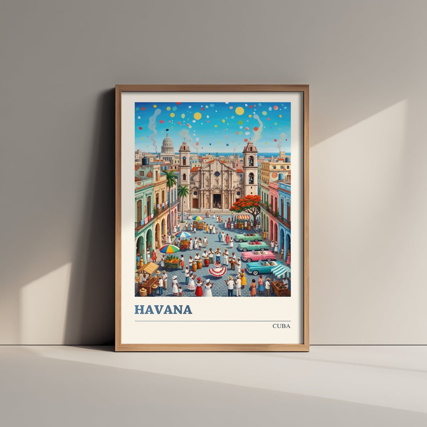 Havana Cuba Travel Poster - Cathedral Square Folk Art Illustration - Classic Cars and Salsa Dancers Art Print 1/3