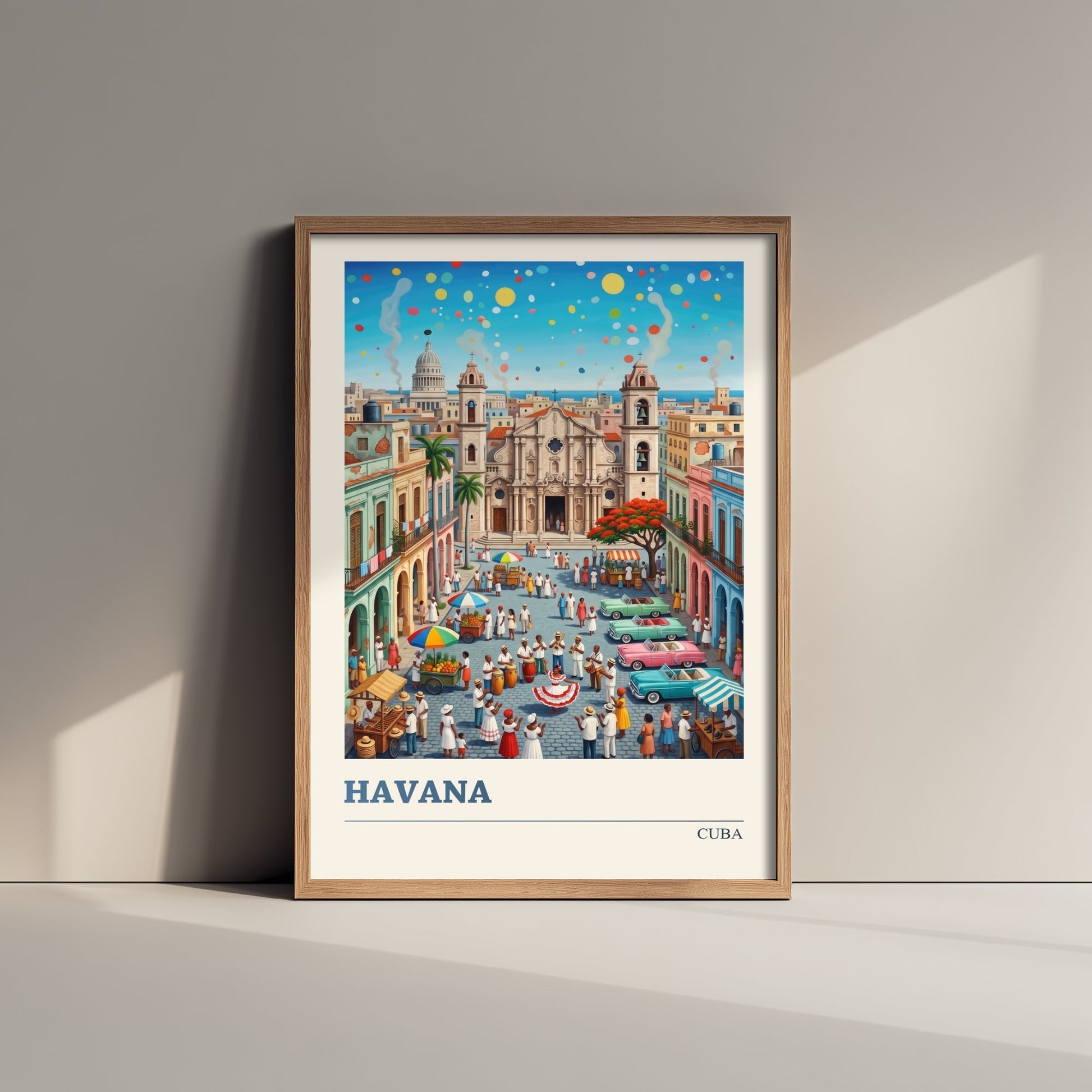 Havana Cuba Travel Poster - Cathedral Square Folk Art Illustration - Classic Cars and Salsa Dancers Art Print 1/3