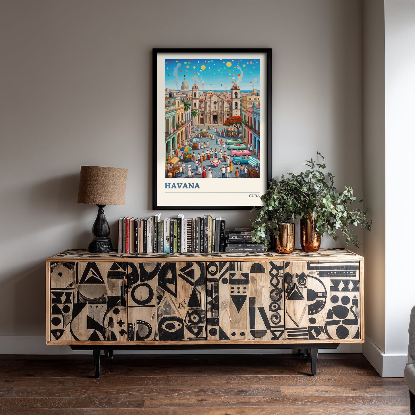 Havana Cuba Travel Poster - Cathedral Square Folk Art Illustration - Classic Cars and Salsa Dancers Art Print 1/3