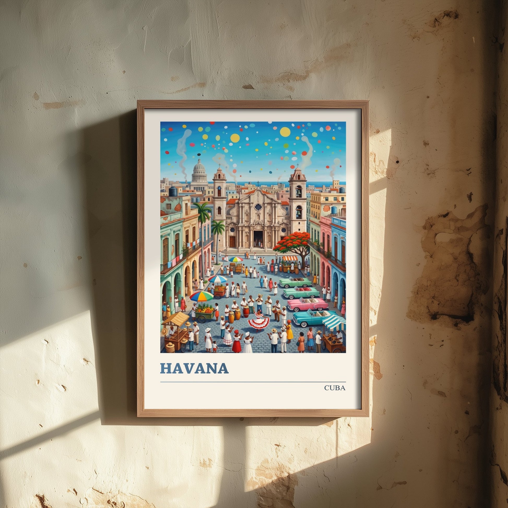 Havana Cuba Travel Poster - Cathedral Square Folk Art Illustration - Classic Cars and Salsa Dancers Art Print 1/3