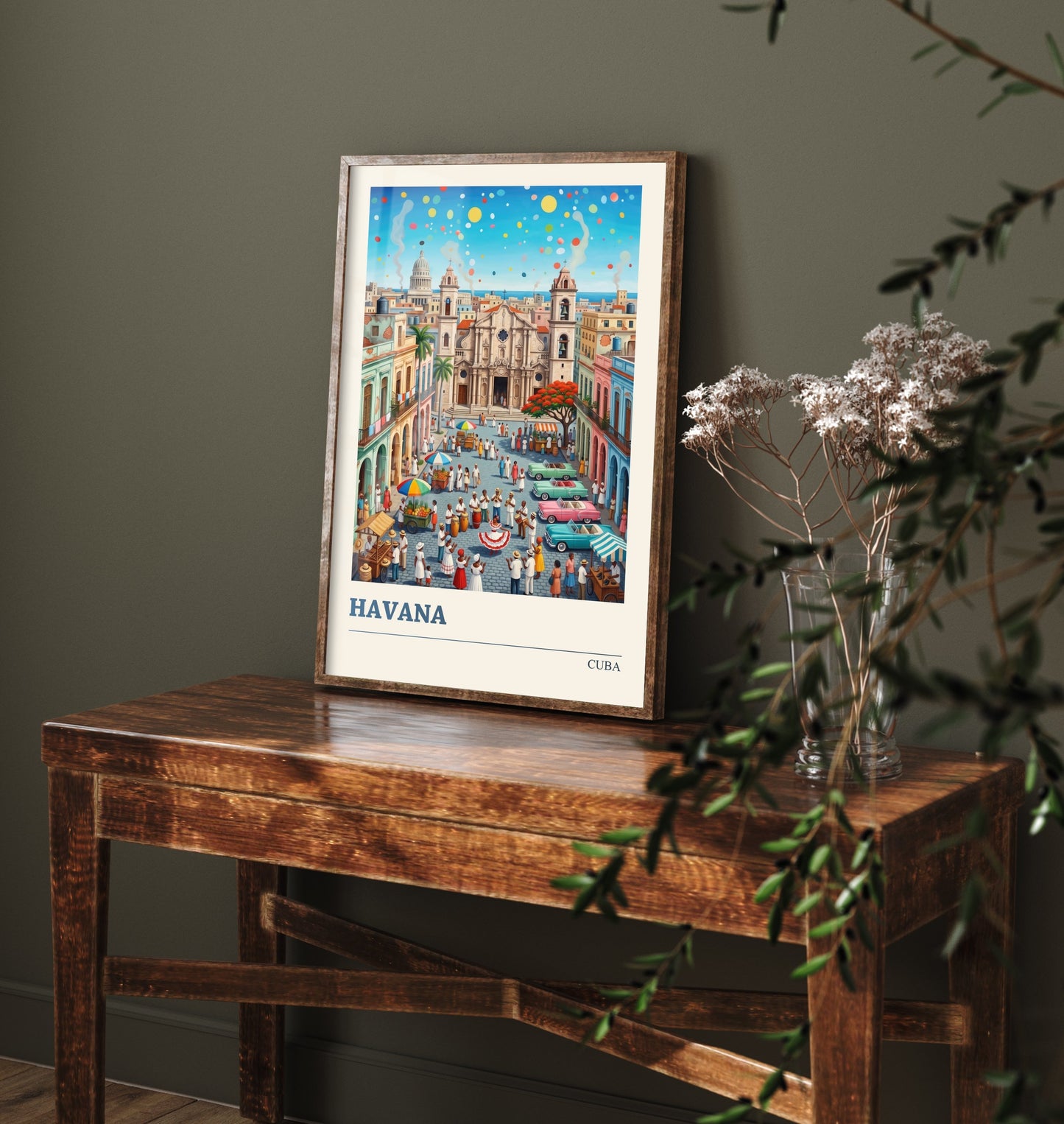 Havana Cuba Travel Poster - Cathedral Square Folk Art Illustration - Classic Cars and Salsa Dancers Art Print 1/3
