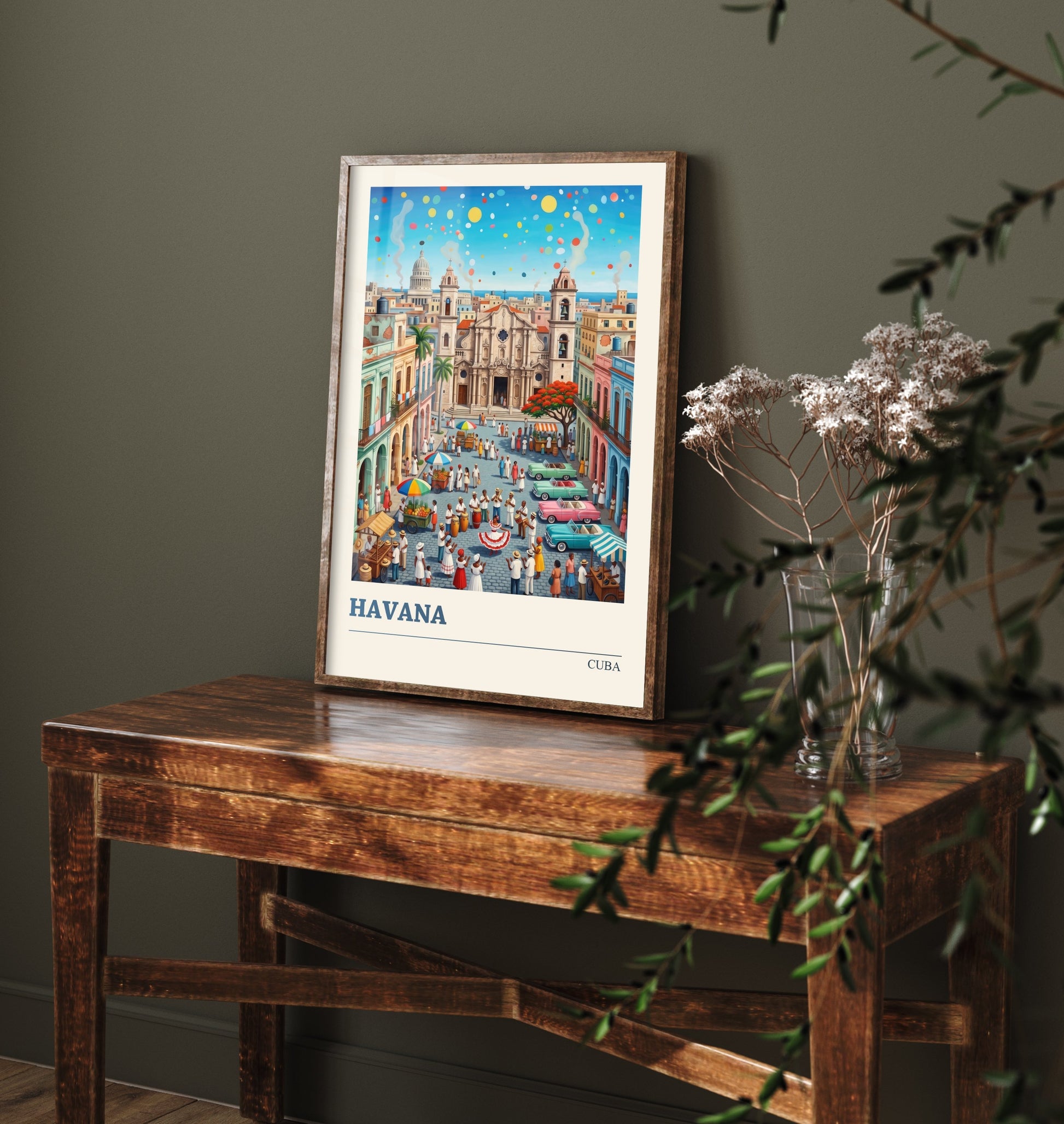 Havana Cuba Travel Poster - Cathedral Square Folk Art Illustration - Classic Cars and Salsa Dancers Art Print 1/3