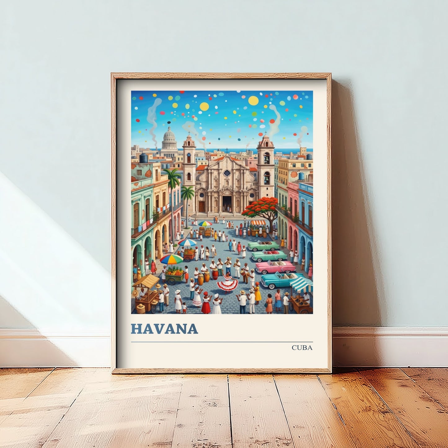Havana Cuba Travel Poster - Cathedral Square Folk Art Illustration - Classic Cars and Salsa Dancers Art Print 1/3