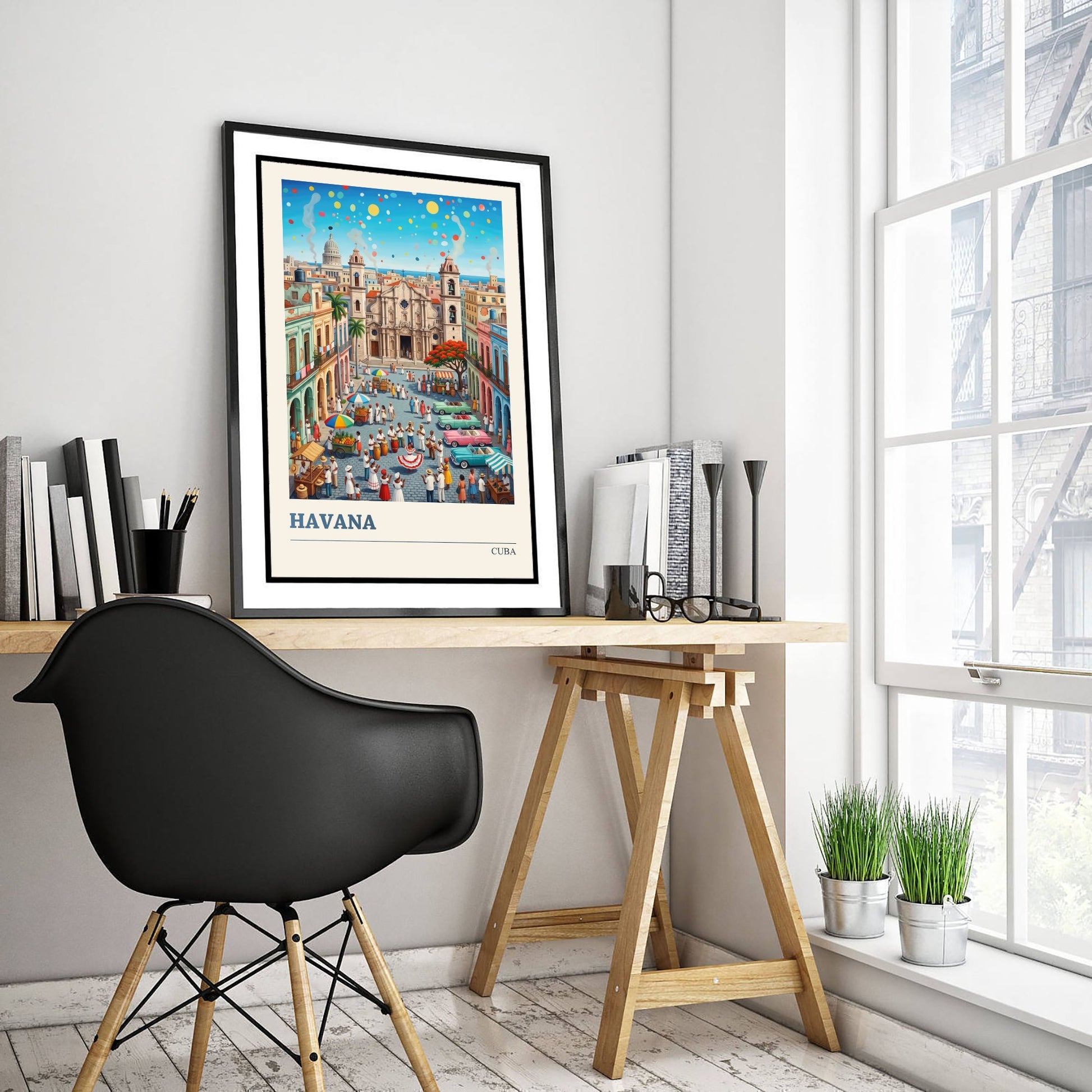 Havana Cuba Travel Poster - Cathedral Square Folk Art Illustration - Classic Cars and Salsa Dancers Art Print 1/3