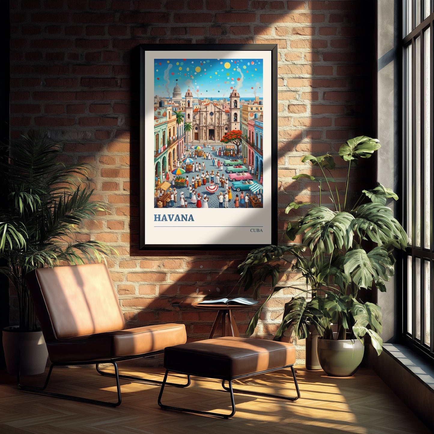 Havana Cuba Travel Poster - Cathedral Square Folk Art Illustration - Classic Cars and Salsa Dancers Art Print 1/3
