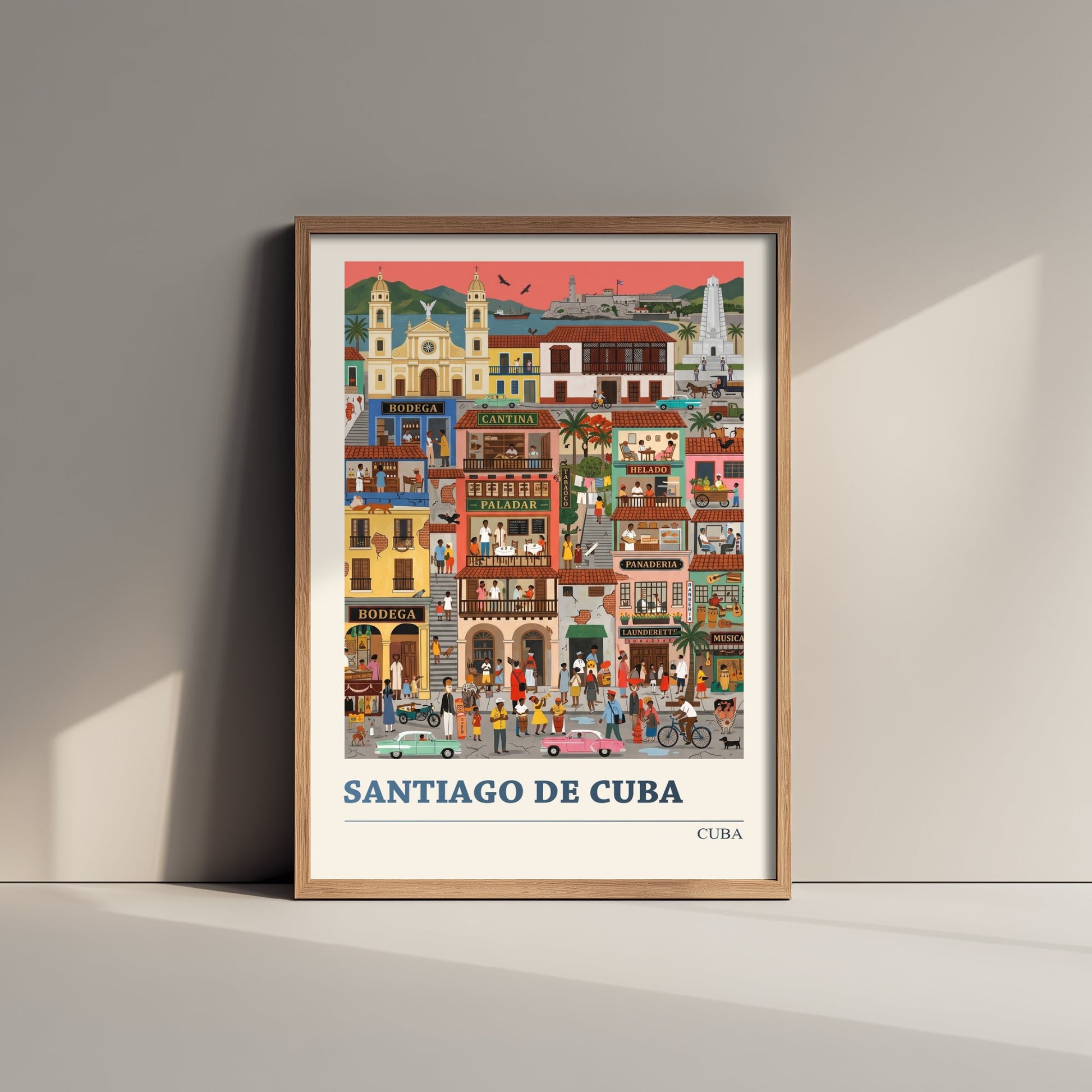 Santiago de Cuba Travel Poster - Folk Art Street Illustration - Colonial Balconies and Vintage Cars Art Print 2/3