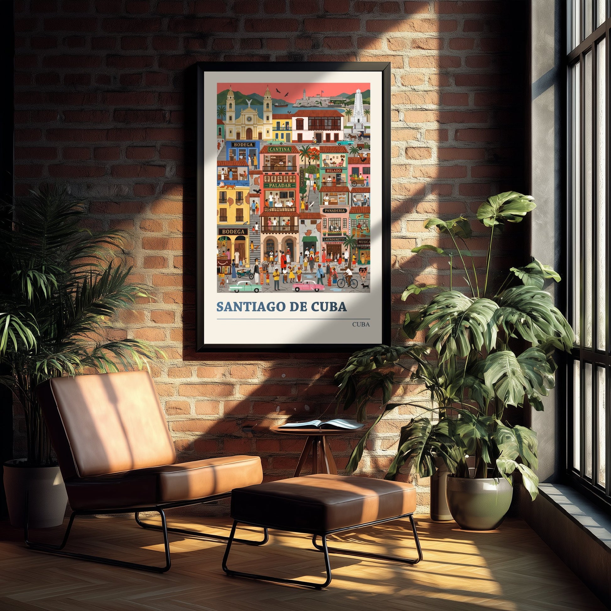 Santiago de Cuba Travel Poster - Folk Art Street Illustration - Colonial Balconies and Vintage Cars Art Print 2/3