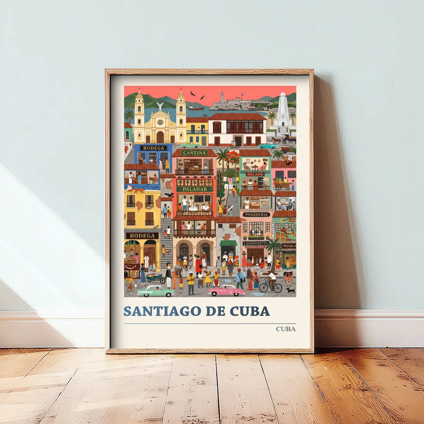 Santiago de Cuba Travel Poster - Folk Art Street Illustration - Colonial Balconies and Vintage Cars Art Print 2/3