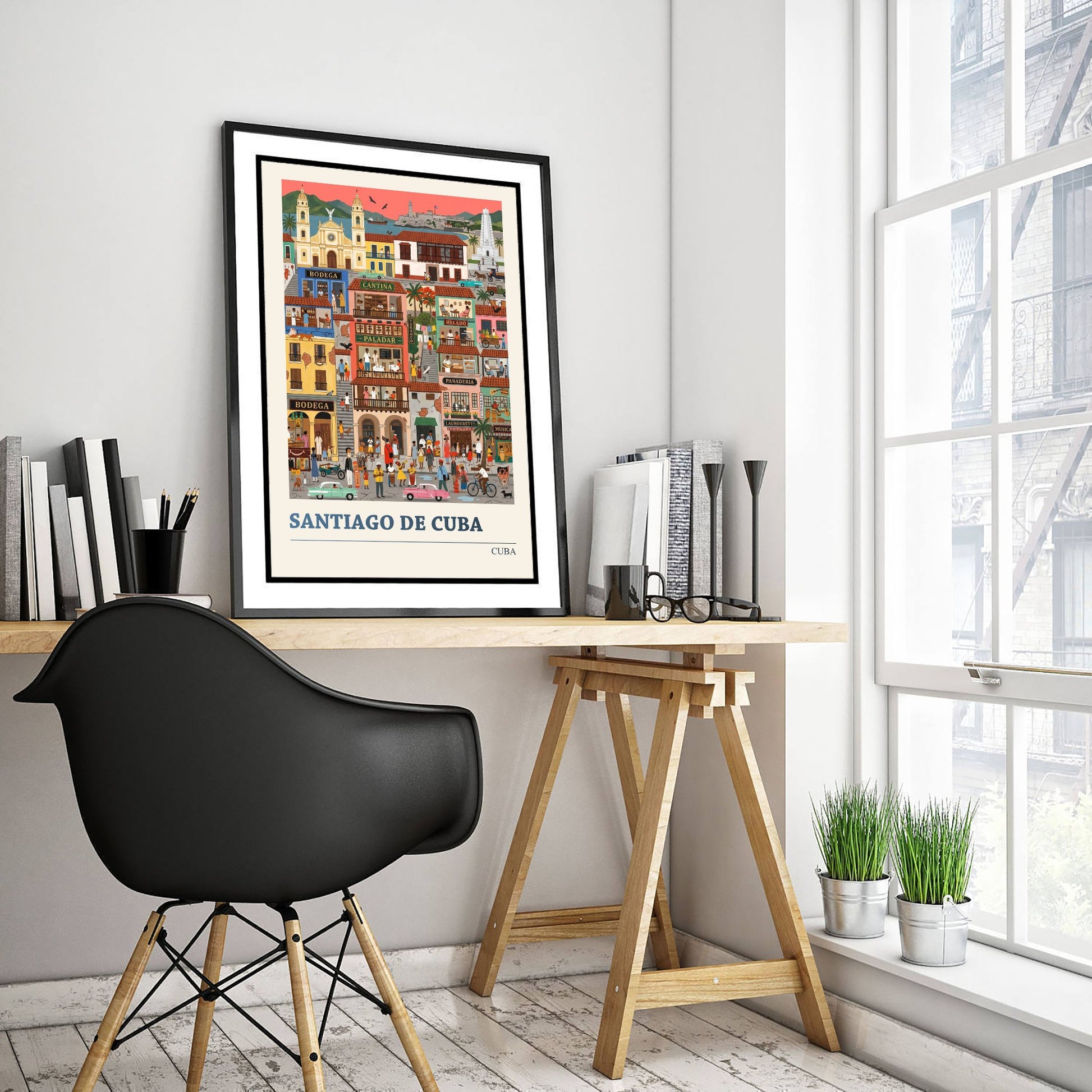 Santiago de Cuba Travel Poster - Folk Art Street Illustration - Colonial Balconies and Vintage Cars Art Print 2/3