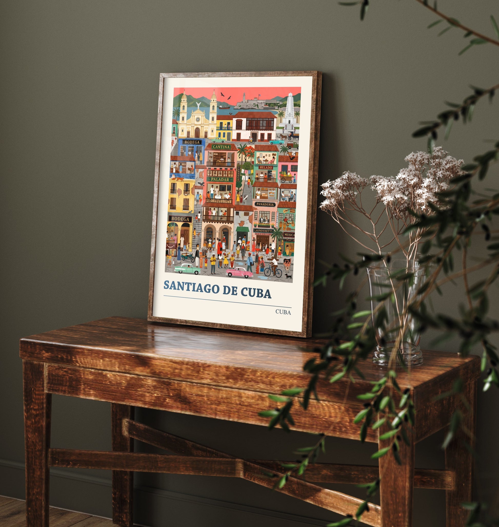 Santiago de Cuba Travel Poster - Folk Art Street Illustration - Colonial Balconies and Vintage Cars Art Print 2/3