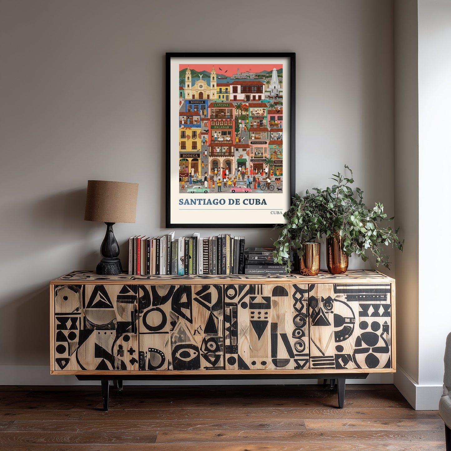 Santiago de Cuba Travel Poster - Folk Art Street Illustration - Colonial Balconies and Vintage Cars Art Print 2/3