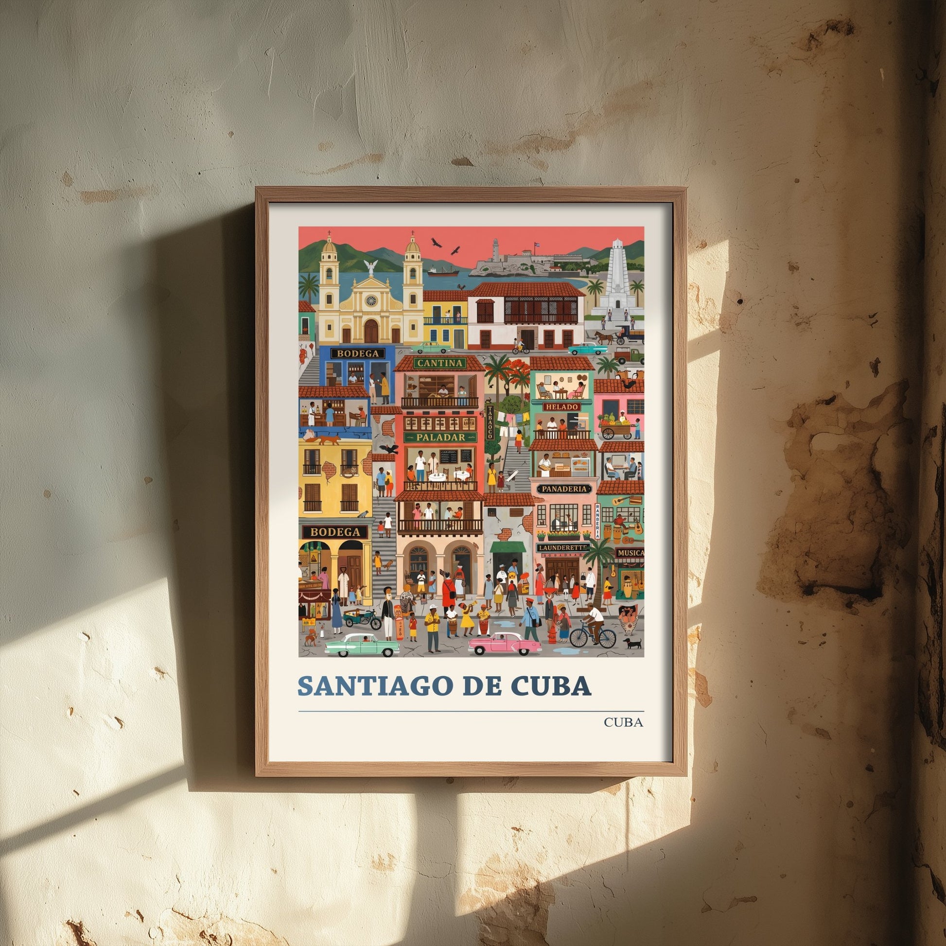 Santiago de Cuba Travel Poster - Folk Art Street Illustration - Colonial Balconies and Vintage Cars Art Print 2/3