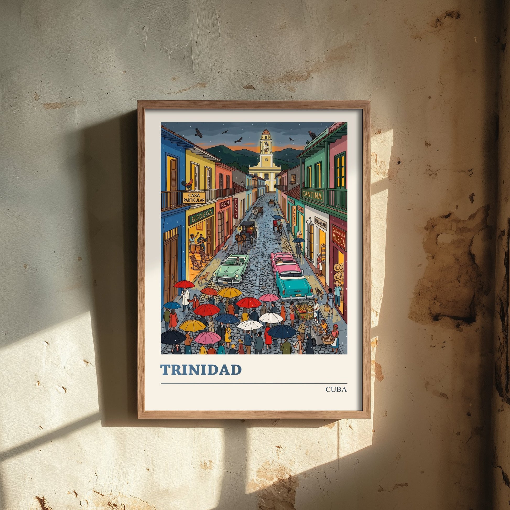 Trinidad Cuba Travel Poster - Rainy Cobbled Street Folk Art Print - Colonial Town and Bell Tower Illustration 3/3