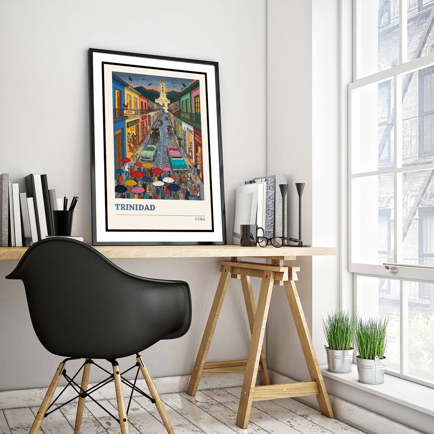 Trinidad Cuba Travel Poster - Rainy Cobbled Street Folk Art Print - Colonial Town and Bell Tower Illustration 3/3
