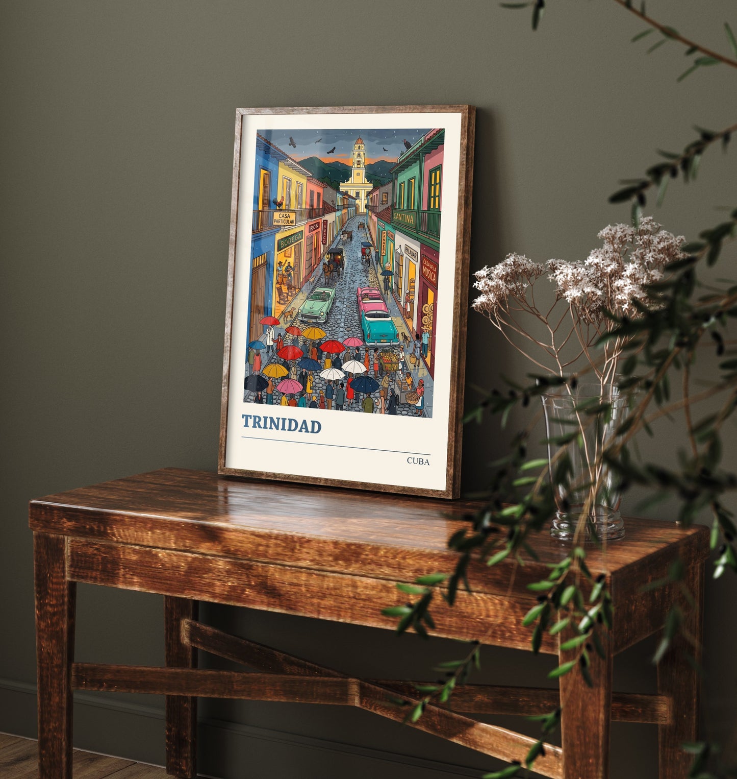 Trinidad Cuba Travel Poster - Rainy Cobbled Street Folk Art Print - Colonial Town and Bell Tower Illustration 3/3