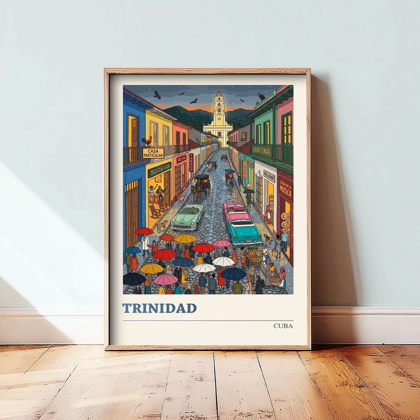 Trinidad Cuba Travel Poster - Rainy Cobbled Street Folk Art Print - Colonial Town and Bell Tower Illustration 3/3