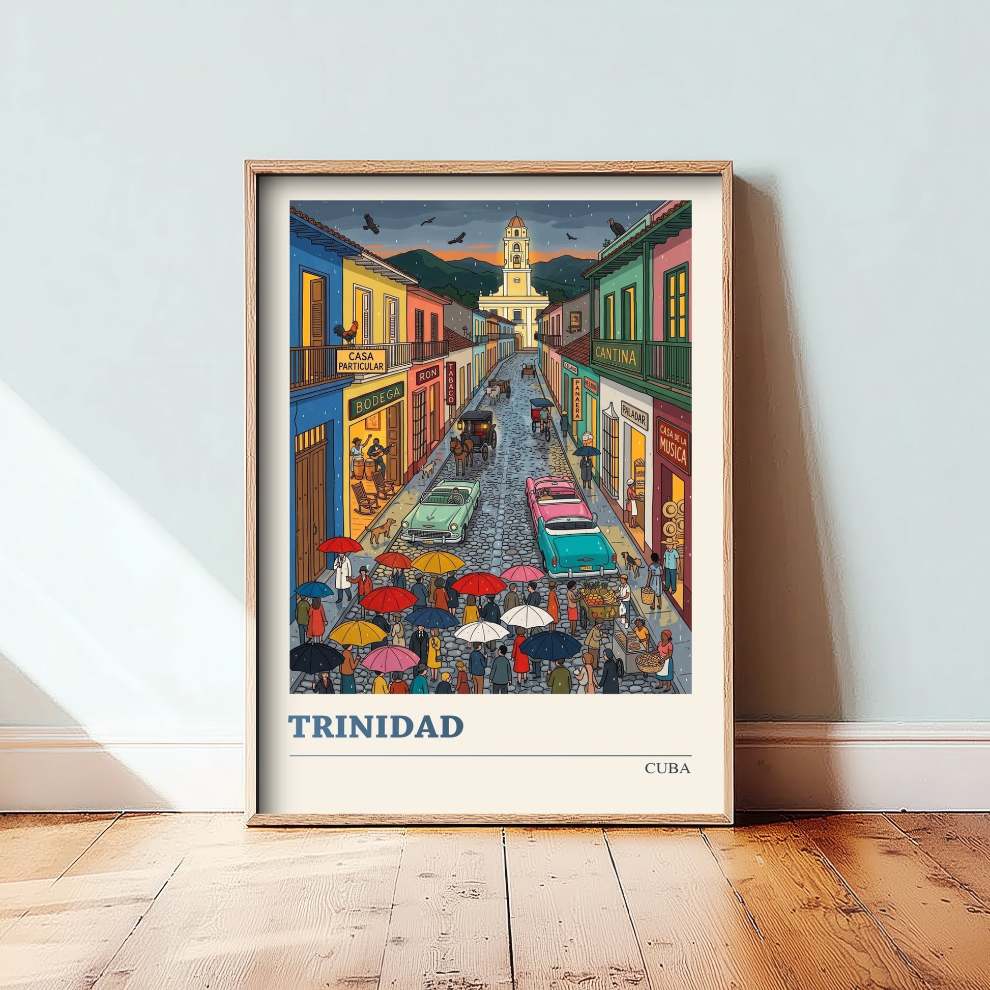 Trinidad Cuba Travel Poster - Rainy Cobbled Street Folk Art Print - Colonial Town and Bell Tower Illustration 3/3