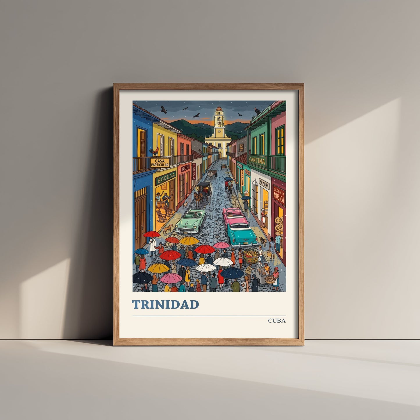 Trinidad Cuba Travel Poster - Rainy Cobbled Street Folk Art Print - Colonial Town and Bell Tower Illustration 3/3