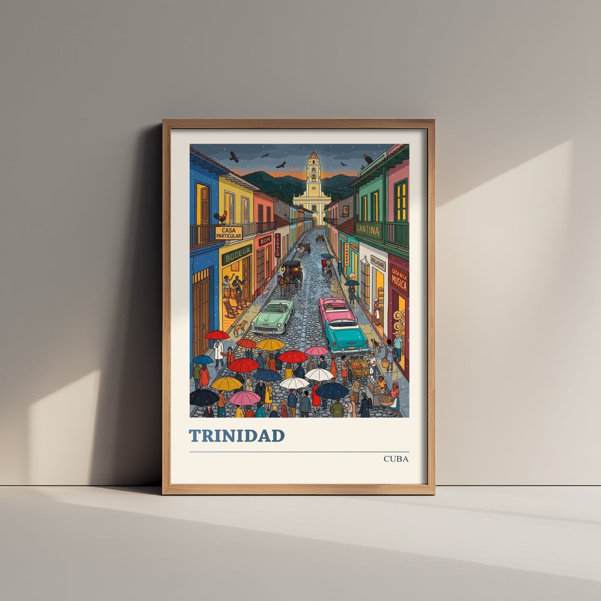 Trinidad Cuba Travel Poster - Rainy Cobbled Street Folk Art Print - Colonial Town and Bell Tower Illustration 3/3