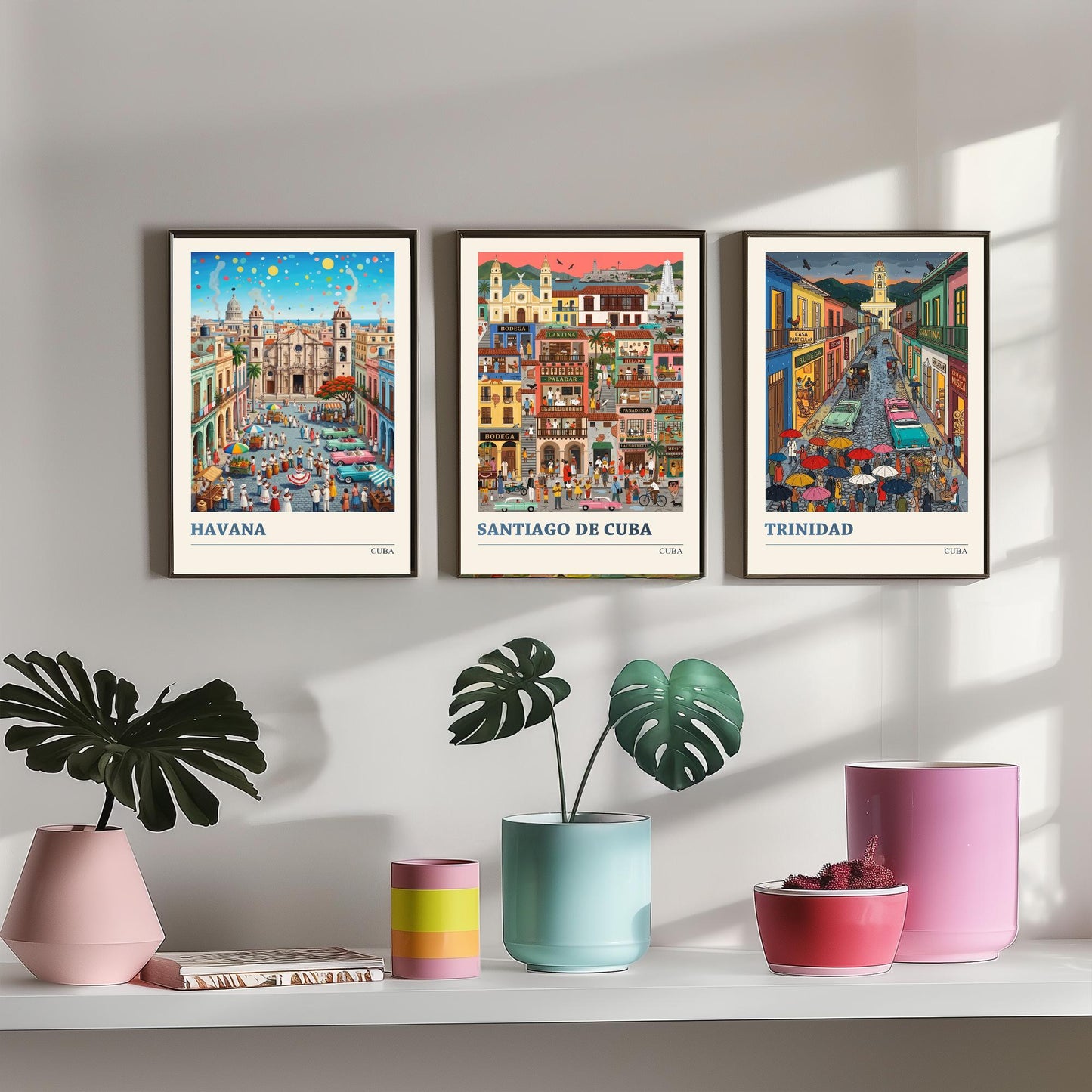 Cuba Set of Three Art Prints - Havana, Santiago de Cuba, Trinidad - 3 Colourful Folk Illustration Travel Posters - Caribbean Painting