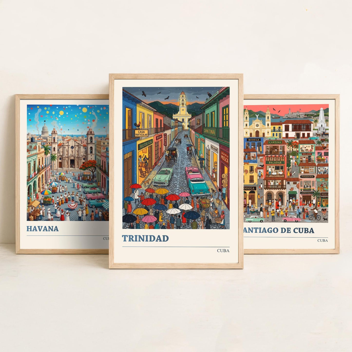Cuba Set of Three Art Prints - Havana, Santiago de Cuba, Trinidad - 3 Colourful Folk Illustration Travel Posters - Caribbean Painting